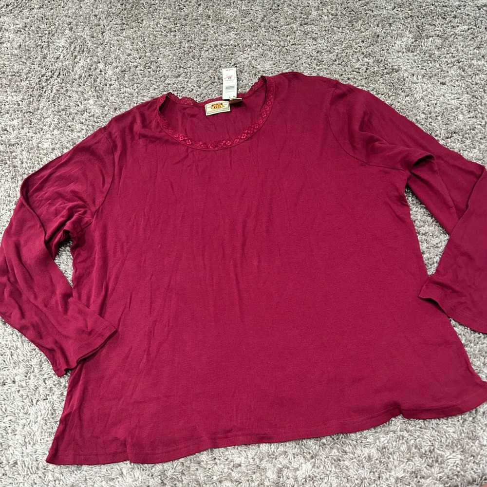 Vintage y2k Route 66 Womens 2X Burgundy Rib Knit Lace Trim Long Sleeve Top NWT